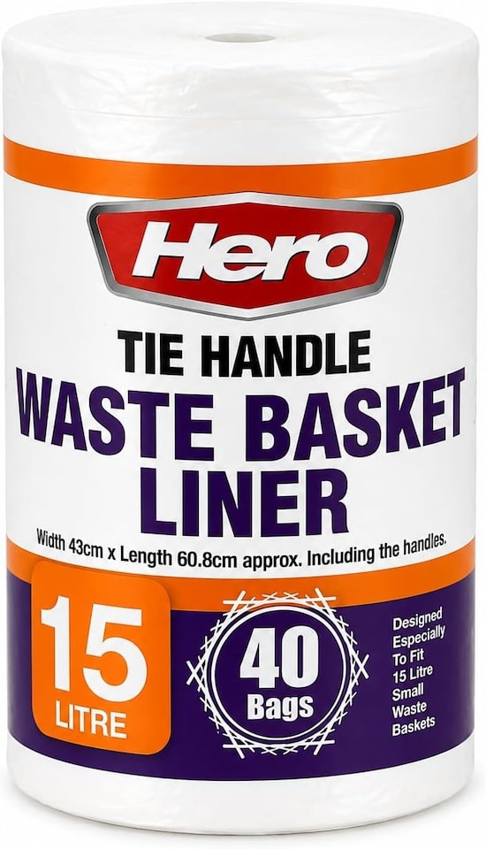 image 1 of Hero 15L White Tie Handle Bin Liners - Pack of 40 Small Waste Basket Bags for Bathroom, Bedroom, Office & Utility Bins
