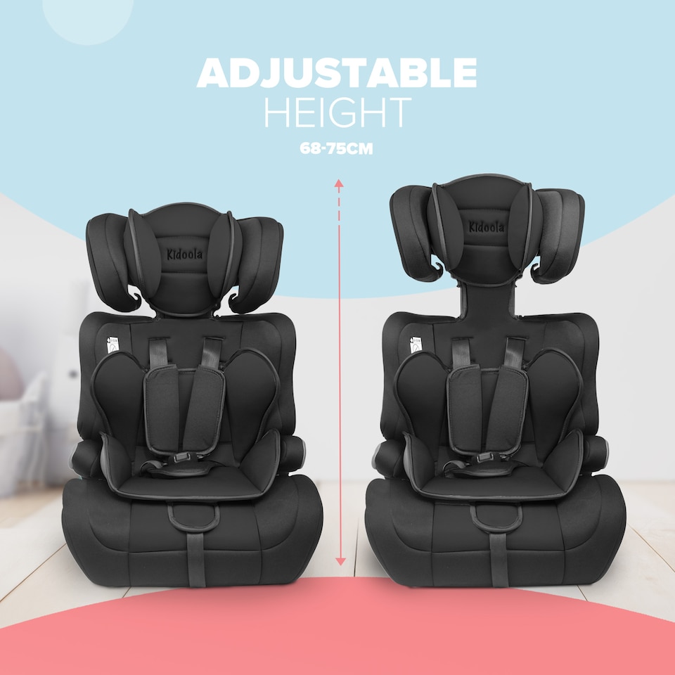 image 1 of Kidoola Adjustable Car Seat, 3 Age Functions, Toddler to 12 Years, Black