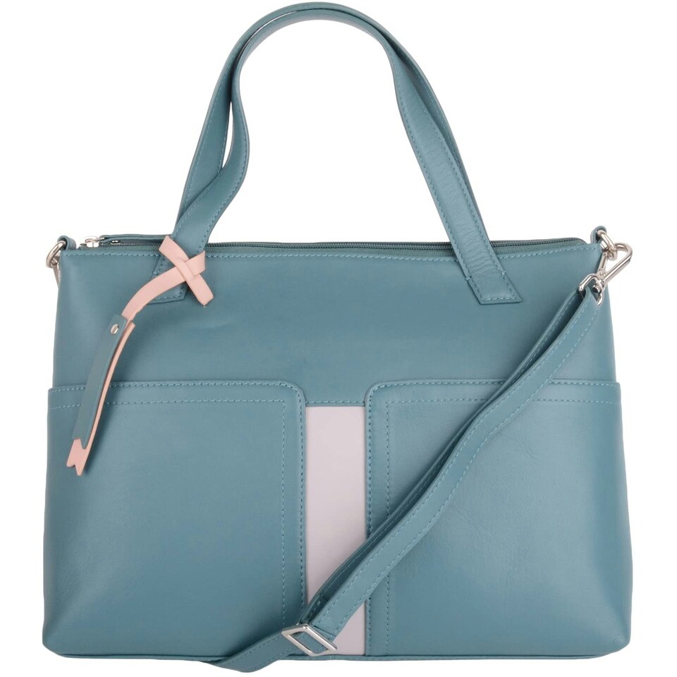 image 1 of Womens Premium Soft Genuine Leather Twin Tote Style Shoulder Handbag with Detachable Shoulder Strap - Aqua / Ivory Black | Black/Cloud