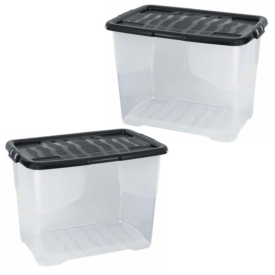 image 1 of 2 x 80 Litres Clear Transparent Base Curve Storage Containers With Black Lids For Home & Office Clear