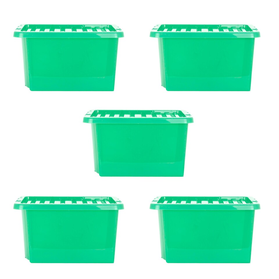 image 1 of Wham Crystal 5 x 28L Stackable Plastic Storage Boxes with Lids Green