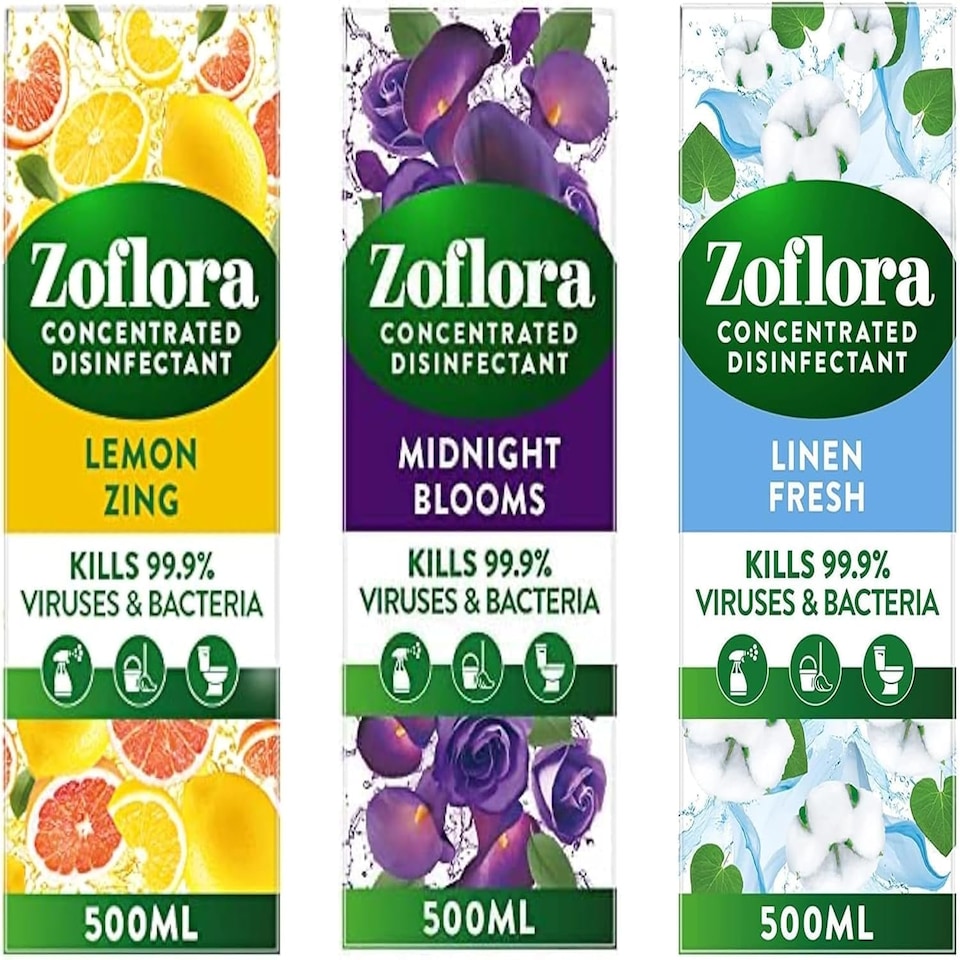 Zoflora Concentrated Multipurpose Disinfectant Bundle - Lemon Zing, Midnight Blooms & Linen Fresh - one of each
