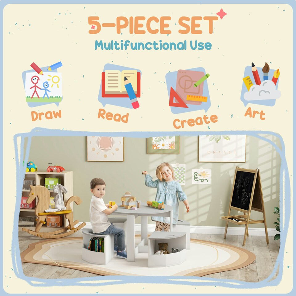 image 1 of AIYAPLAY Five-Piece Kids Table and Chairs Set w/ Storage for 3-8 Years, Grey 
