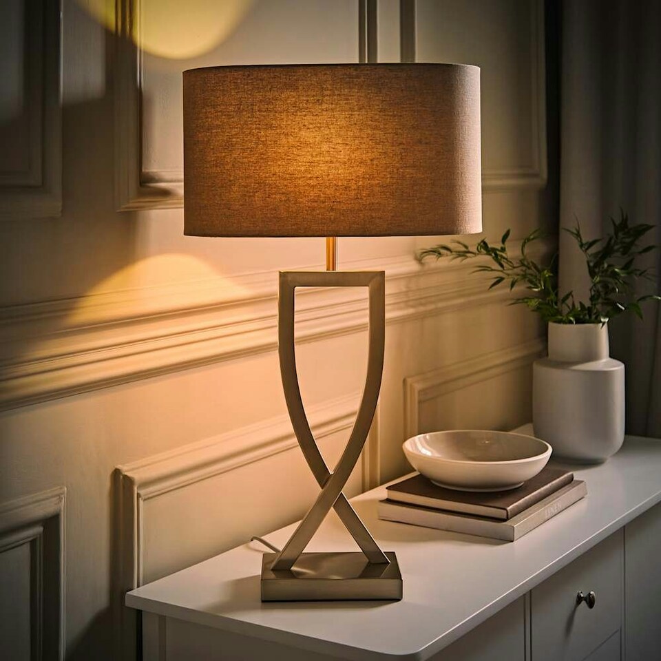 image 1 of ValueLights Katniss Brushed Chrome Table Lamp with Oval Shade Chrome | Grey