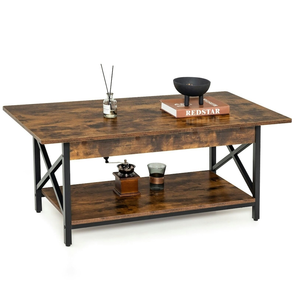 image 1 of COSTWAY 2-Tier Industrial Coffee Table with Storage Shelf | Brown
