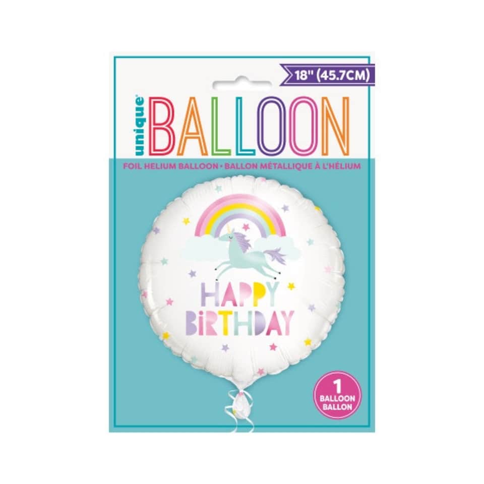 image 1 of Rainbow & Unicorn Happy Birthday Round Foil Balloon 18"