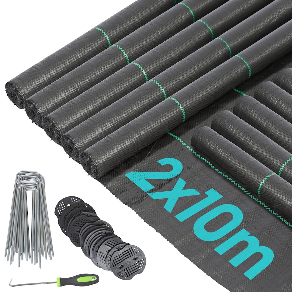 image 1 of Harbour Housewares 110gsm Weed Control Membrane Set with Pegs & Plates - 2m x 100m (10 Rolls) | Black | Black
