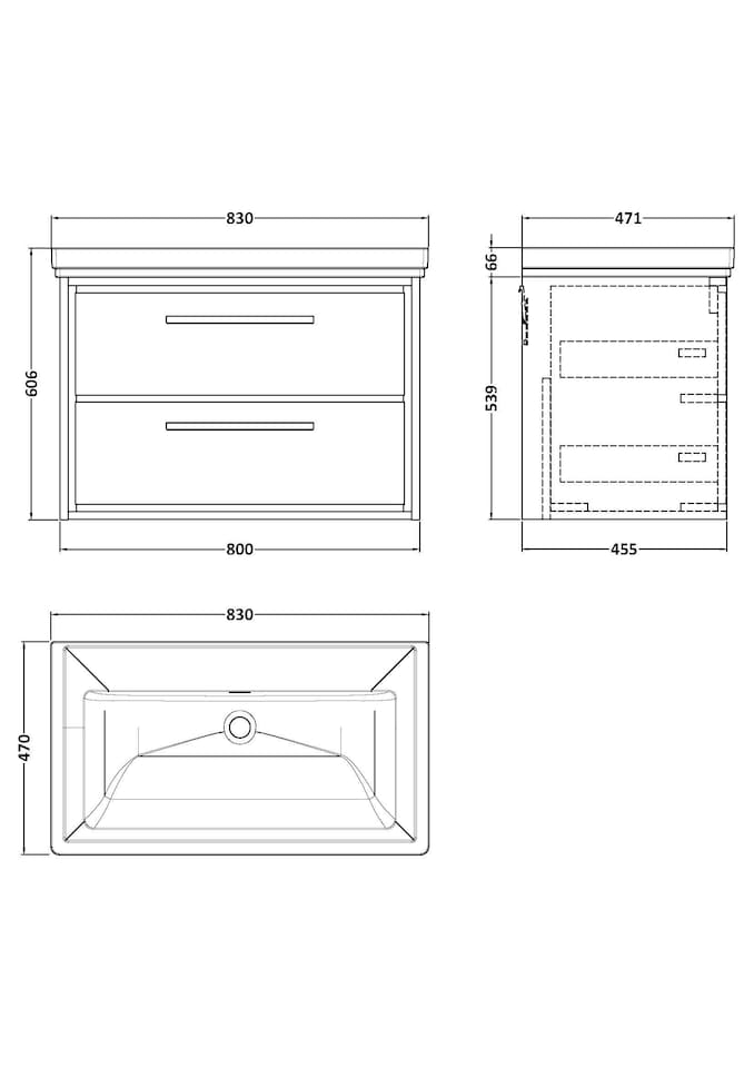 image 1 of Balterley Modern Wall Hung 2-Drawer Bathroom Vanity with Fireclay Basin - No Tap Holes | Grey | Monument Grey | 606 x 830 x 471mm