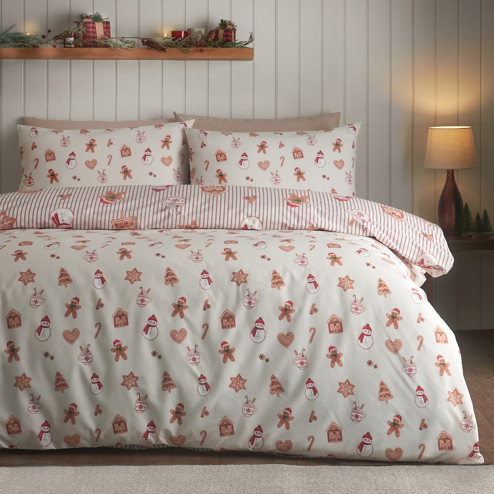 image 1 of Catherine Lansfield Christmas Gingerbread Stripe Reversible Duvet Cover Set