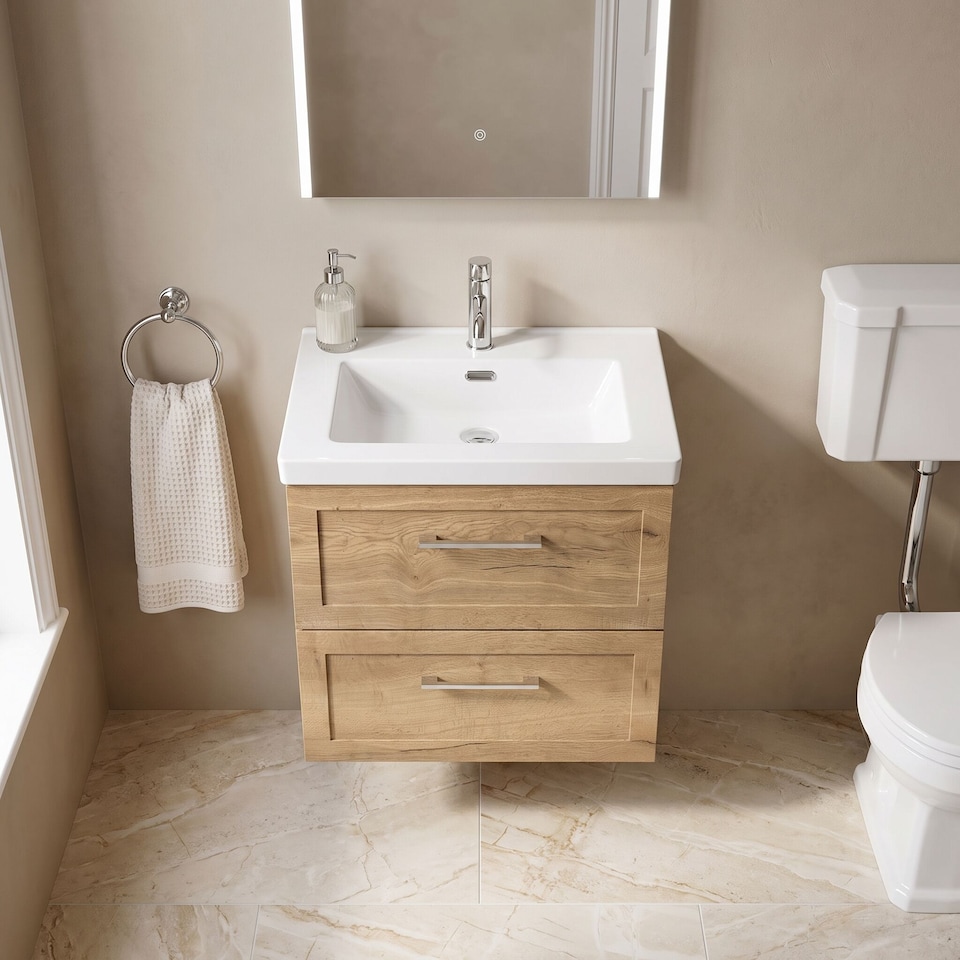 image 1 of Balterley Stonnall Traditional Wall Hung 2 Drawers Vanity Unit with 1 Tap Hole Fireclay Basin, 600mm, Autumn Oak