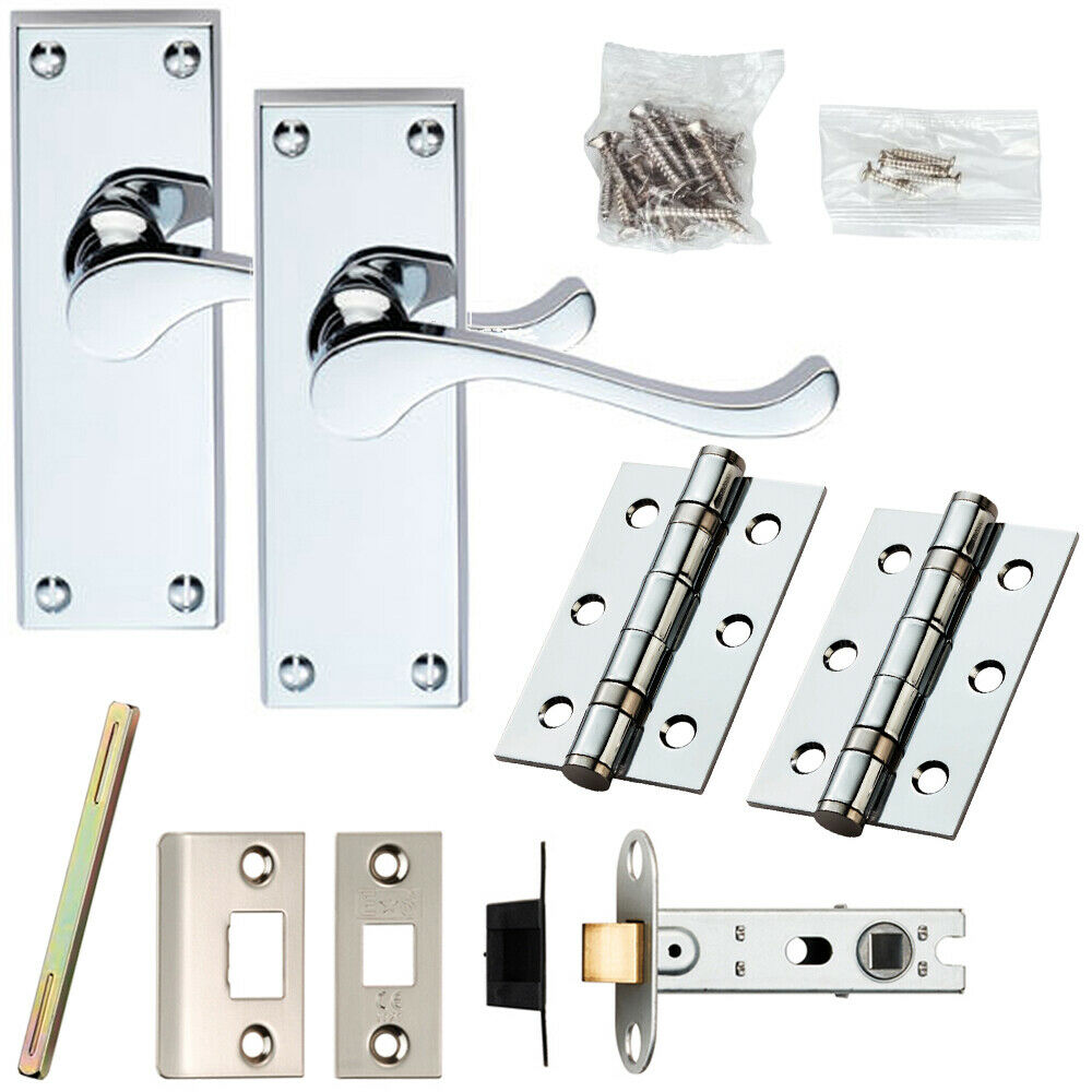 Loops Door Handle & Latch Pack Chrome Victorian Scroll Lever Backplate 120 x 41mm