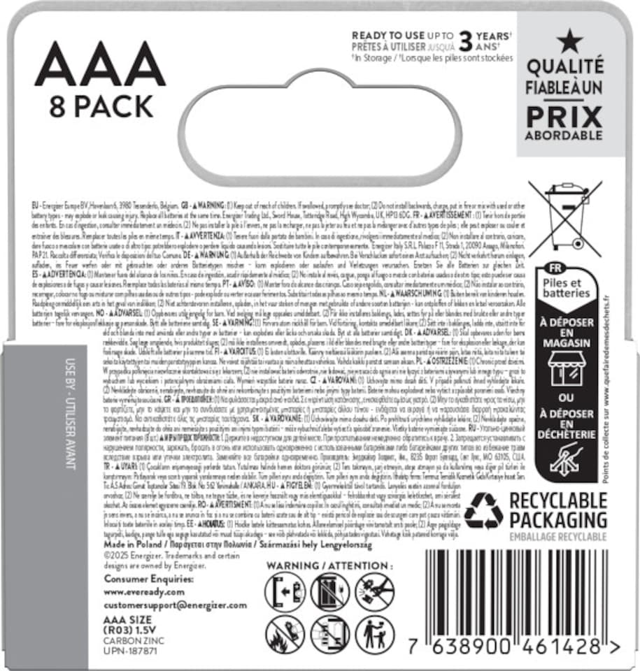 image 1 of Eveready Super Heavy Duty AAA Zinc Batteries, Pack of 8 (6+2)