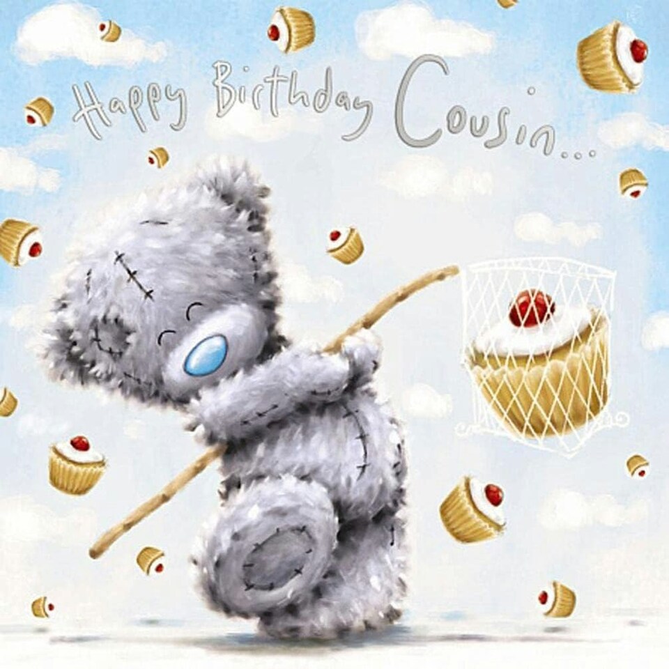 image 1 of Bear Catching A Cupcake Cousin Birthday Card