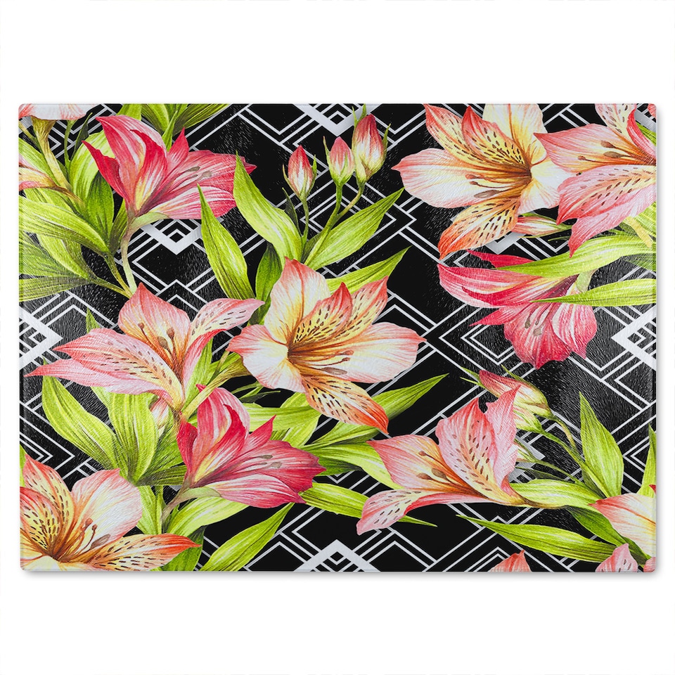 image 1 of Bright Plants On Geometric Glass Chopping Board | Multi