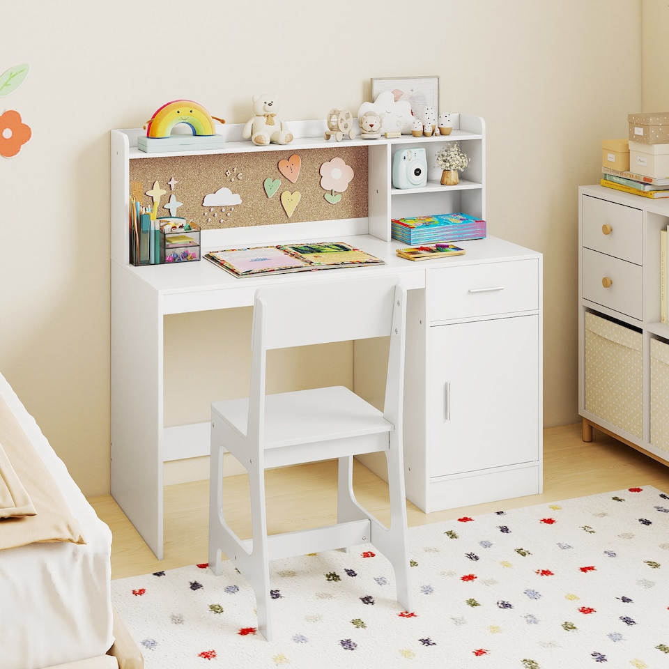 image 1 of COSTWAY Kids Study Desk and Chair Set Wooden Children Writing Table-White