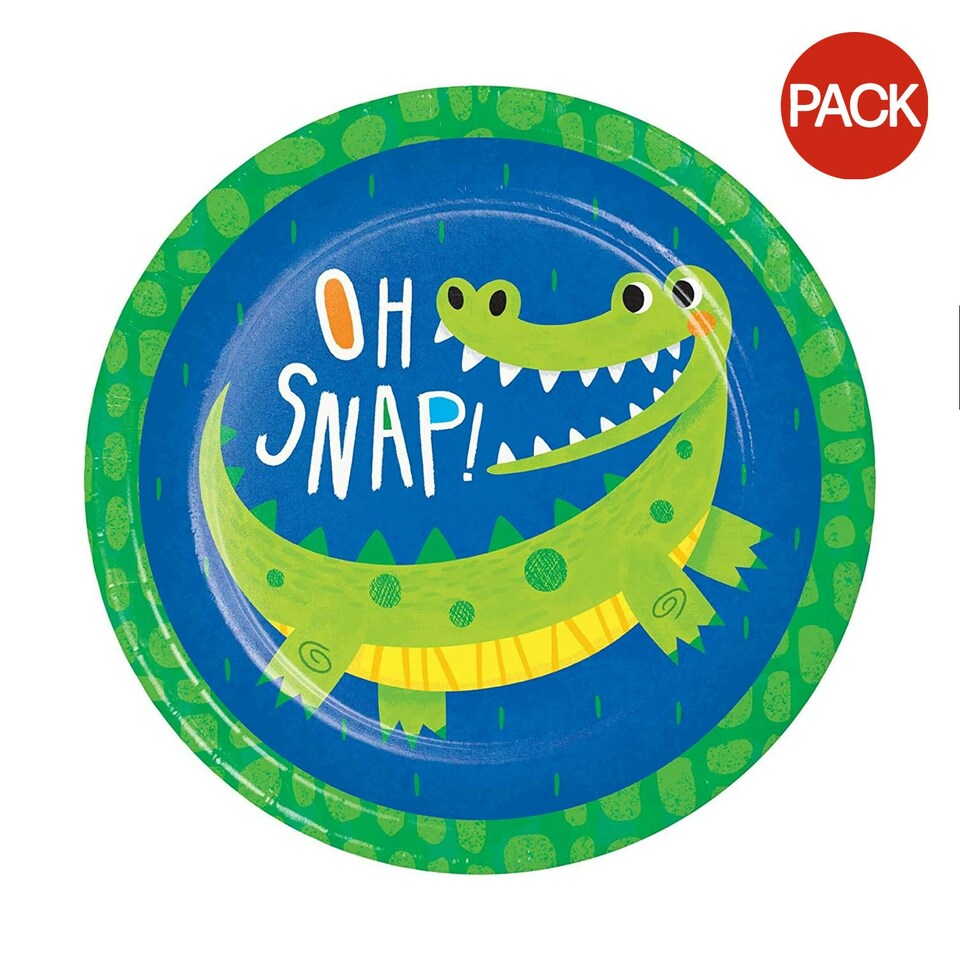 Creative Party Alligator Birthday Dinner Plate (Pack of 8) - Bright Green/Blue/Yellow - One Size