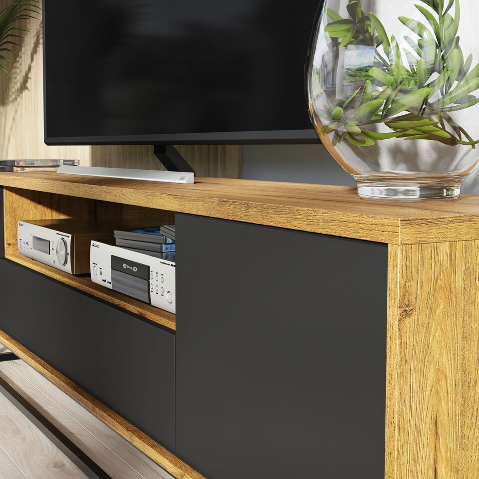 image 1 of TV Unit Sideboard Cabinet Storage Cabinet Oak Black Matt Media Console Stand 200cm