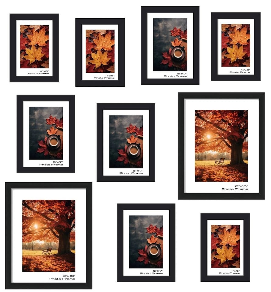 image 1 of 10 Pc Modern Photo Frame Set Wall Mountable and Freestanding Gallery | Black | Black | Not provided