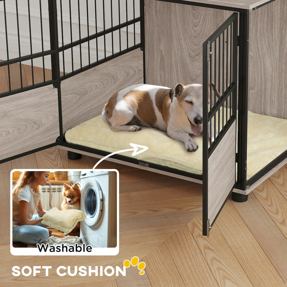 image 1 of PawHut 80cm Dog Crate Furniture Dog Cage End Table Indoor w/ Doors, Cushion