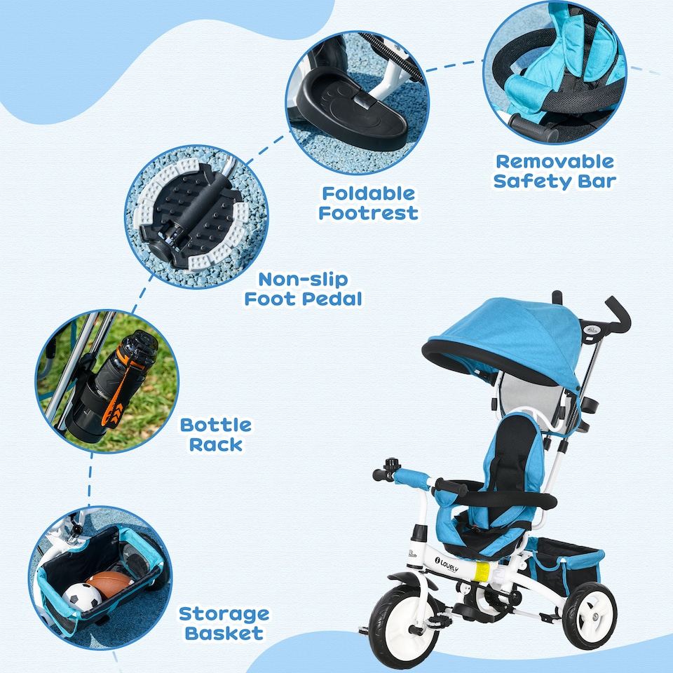 image 1 of HOMCOM 6 in 1 Kids Trike, Stroller with Parent Handle, Blue | Blue | Blue