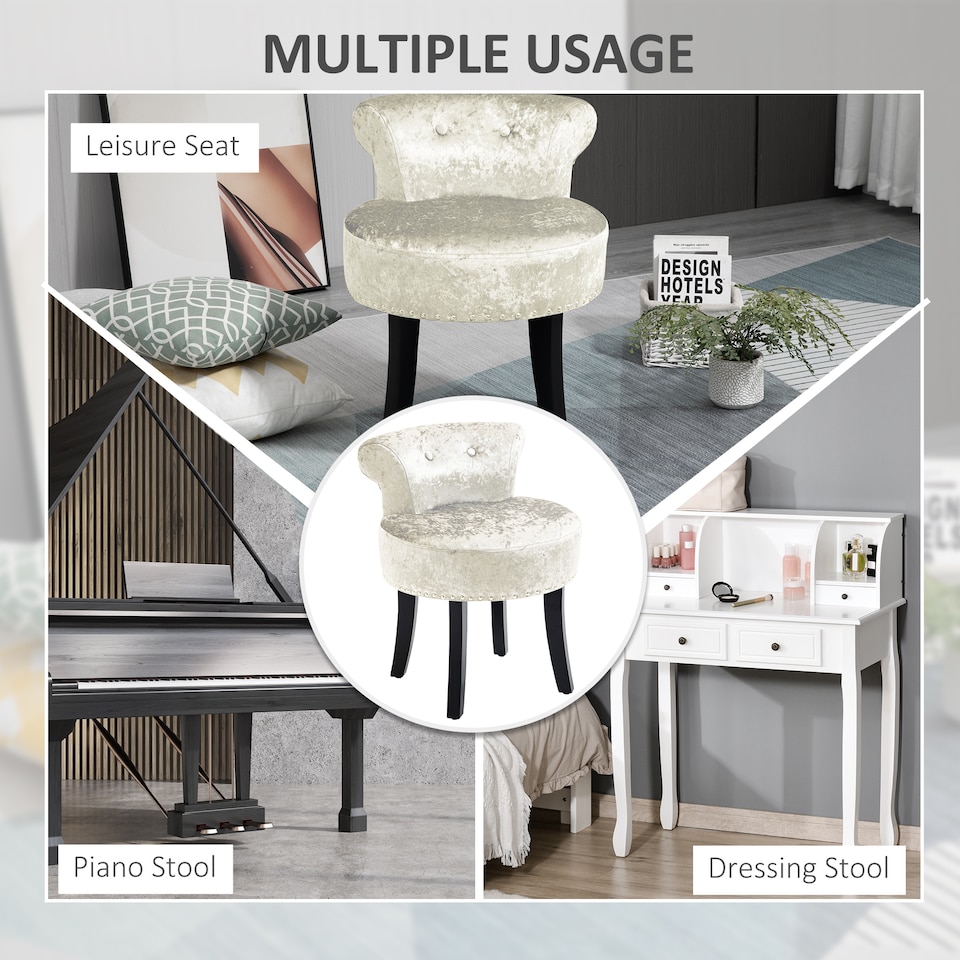 image 1 of HOMCOM Dressing Table Stool with Rubber Wood Legs, Ice Velvet Vanity Stool for Living Room Bedroom, Beige | Brown | 1