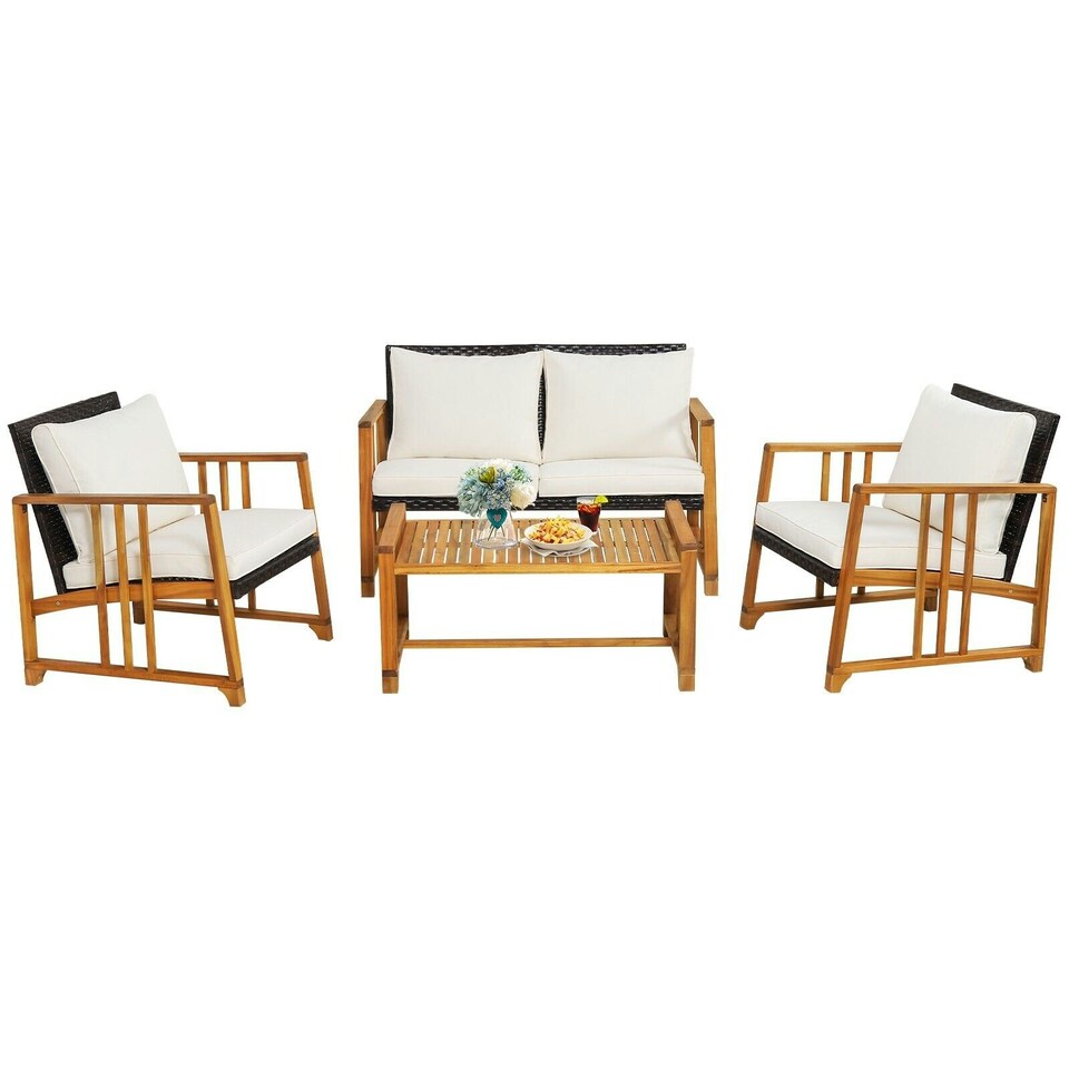 image 1 of COSTWAY 4 PCS Outdoor Patio Rattan Chair Table Set w/Cushions
