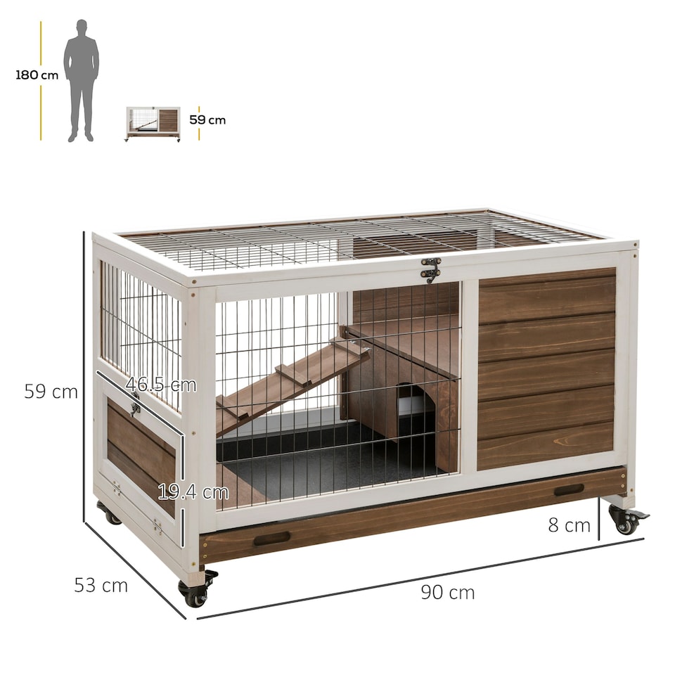image 1 of PawHut Rabbit Cages, Guinea Pig Hutch w/ Roof & Wheels, No-Leak Tray, Brown