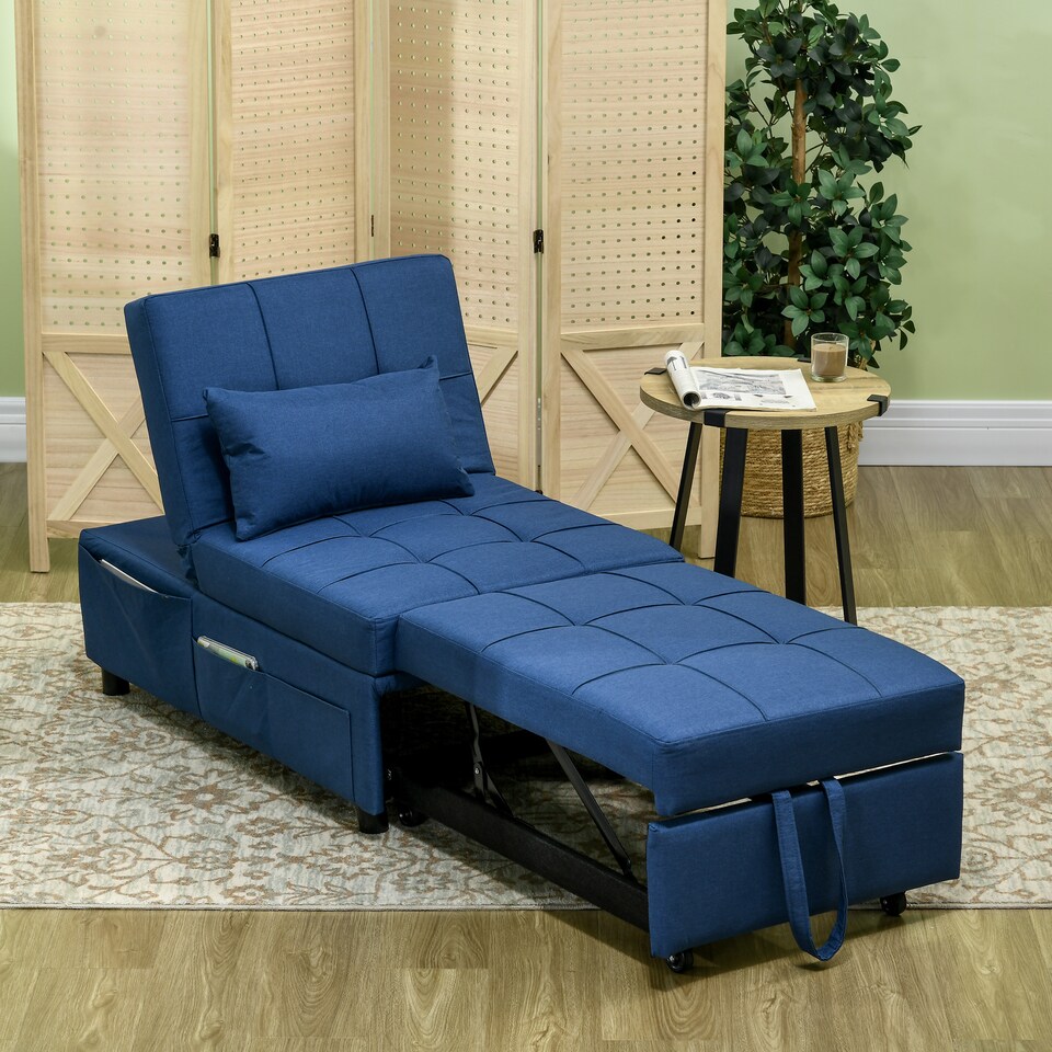 image 1 of HOMCOM Convertible Chair Bed with Padding Seat, 4-in-1 Multi-Functional Sleeper Sofa Bed, Recliner with Adjustable Backrest, Side Pocket, Wheels and Pillow, for Living Room, Blue