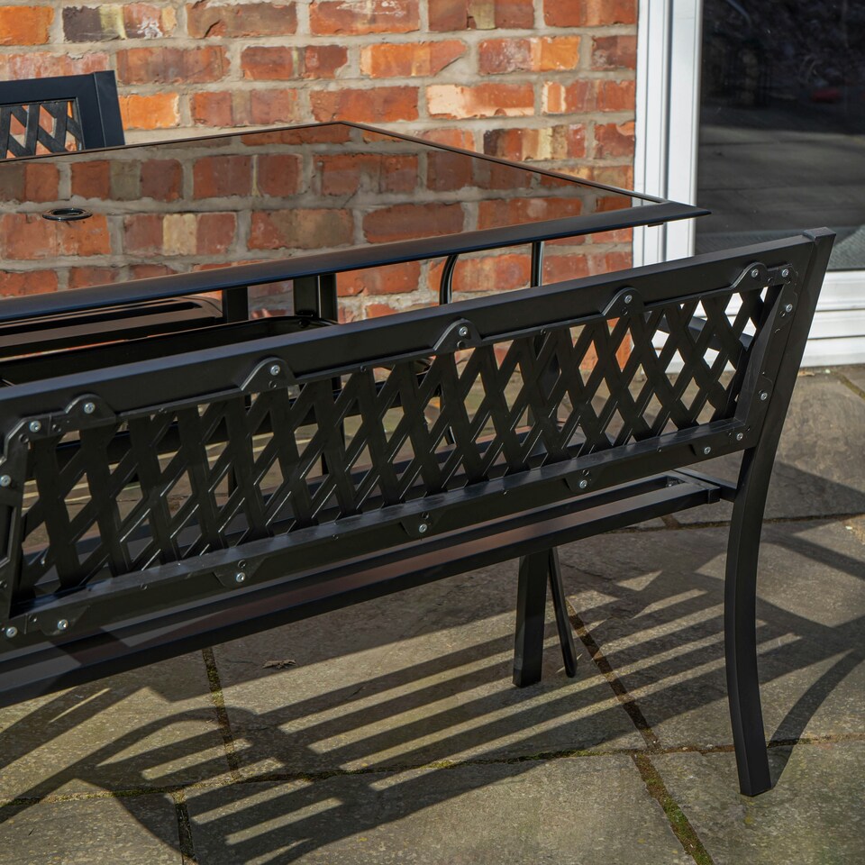 image 1 of Outdoor 4 Person Rectangular Glass Top Garden Dining Table and 2 Benches Set