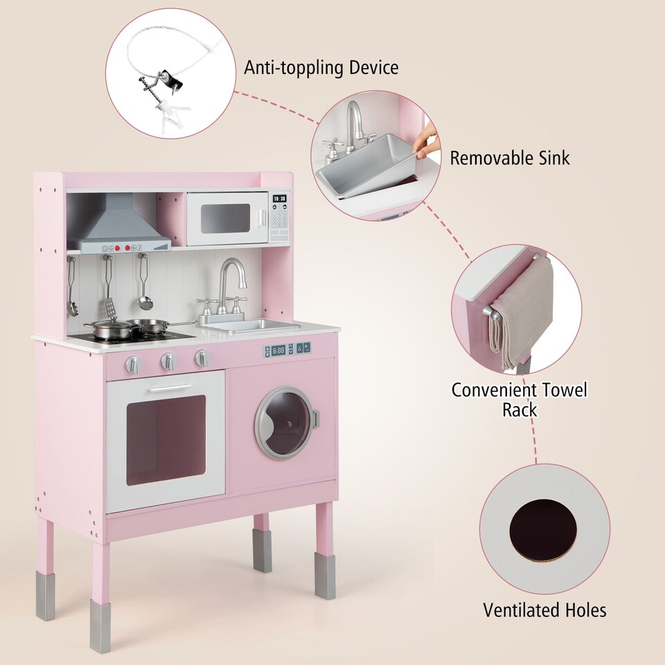 image 1 of COSTWAY Pretend Play Kitchen Toy Kitchen Playset with Range Hood-Pink
