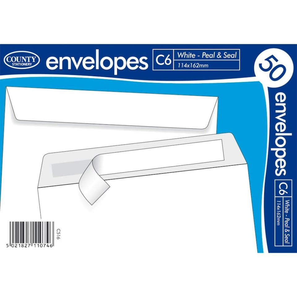 image 1 of County Peel & Seal 50 Pack C6 Envelopes White (70gsm)