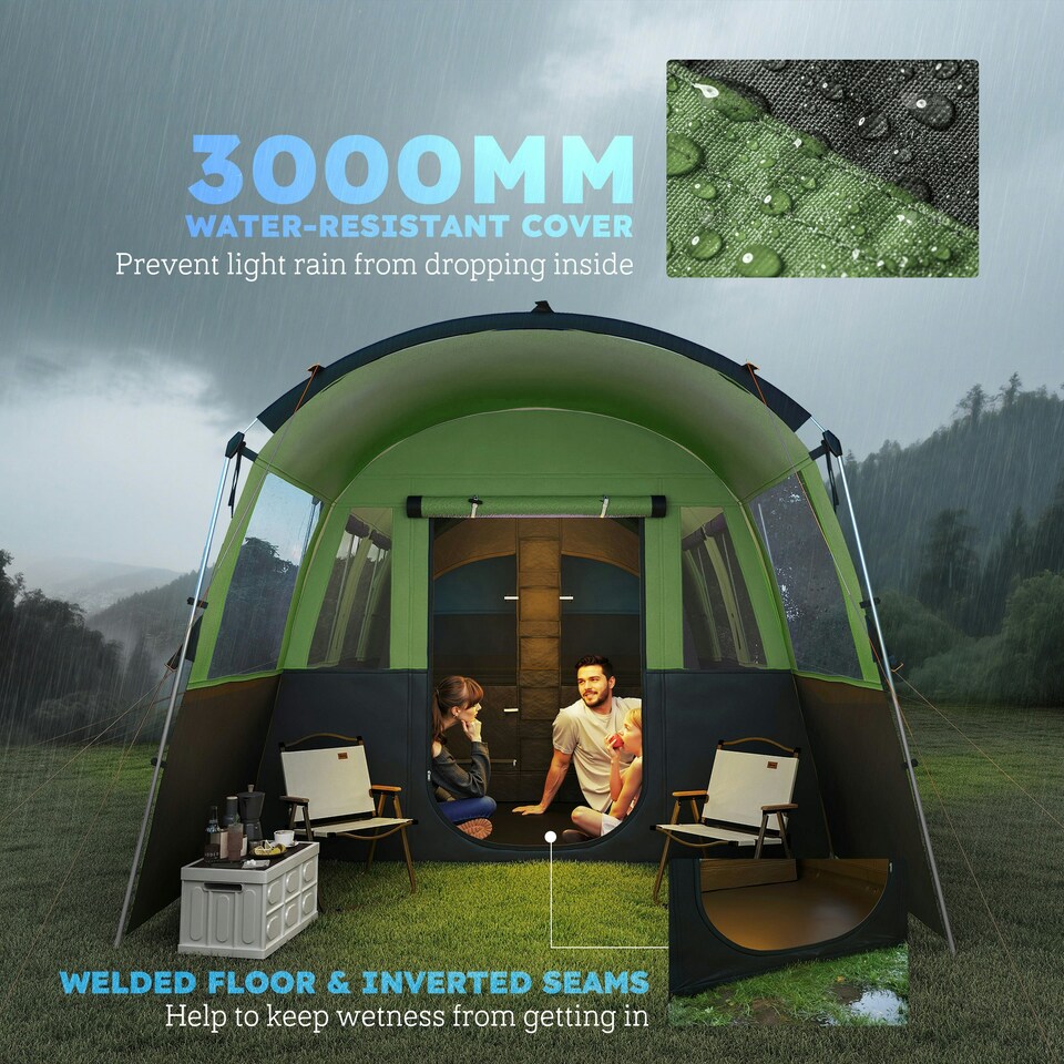 image 1 of Outsunny 8-Person Camping Tent Tunnel Design with 4 Large Windows | Green | Green