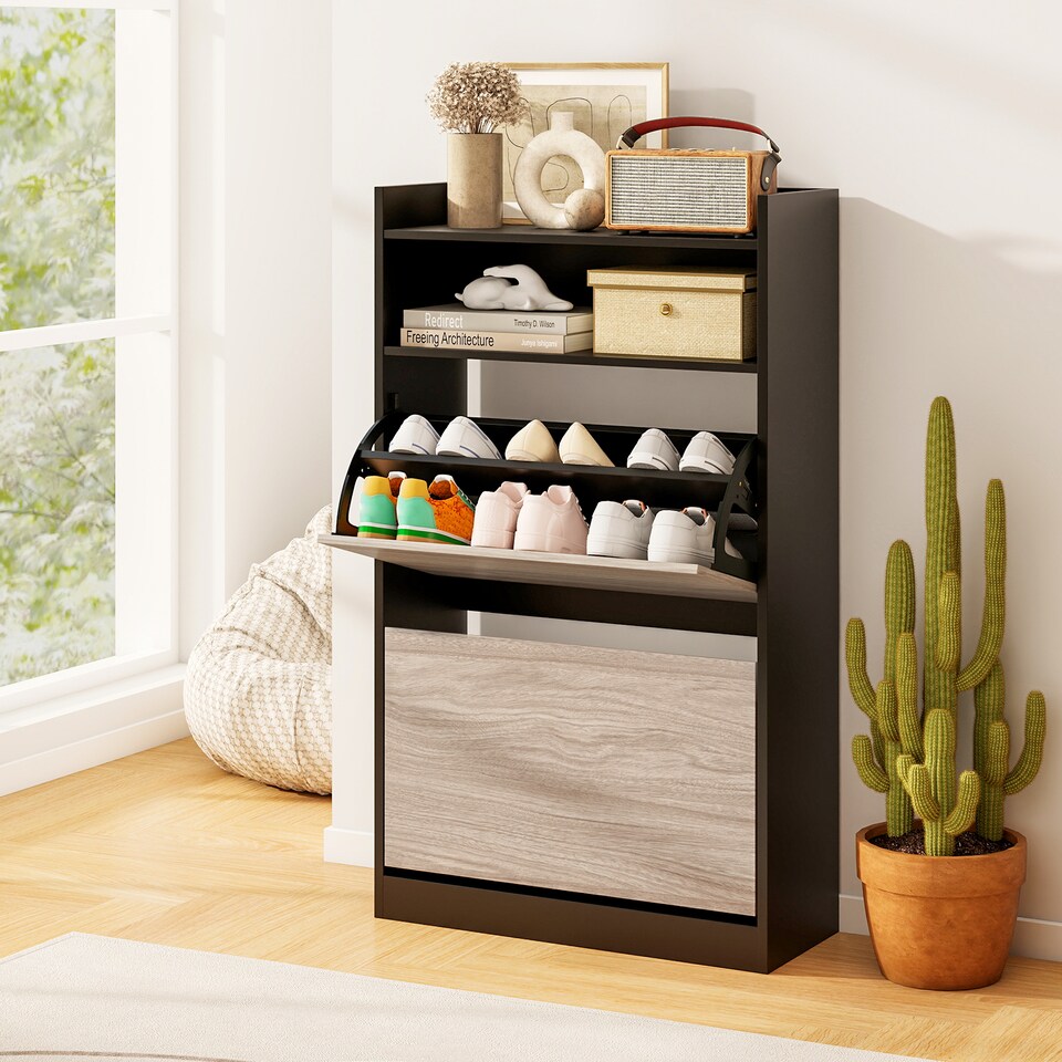 image 1 of COSTWAY Slim Hidden Narrow Shoe Organizer Cabinet with Open Storage-Black