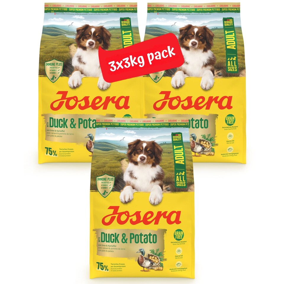 image 1 of Josera Adult Duck & Potato complete dog food | Grain-free | Single meat protein | All breed sizes | Immune Plus | Optimal digestion | 3x3kg