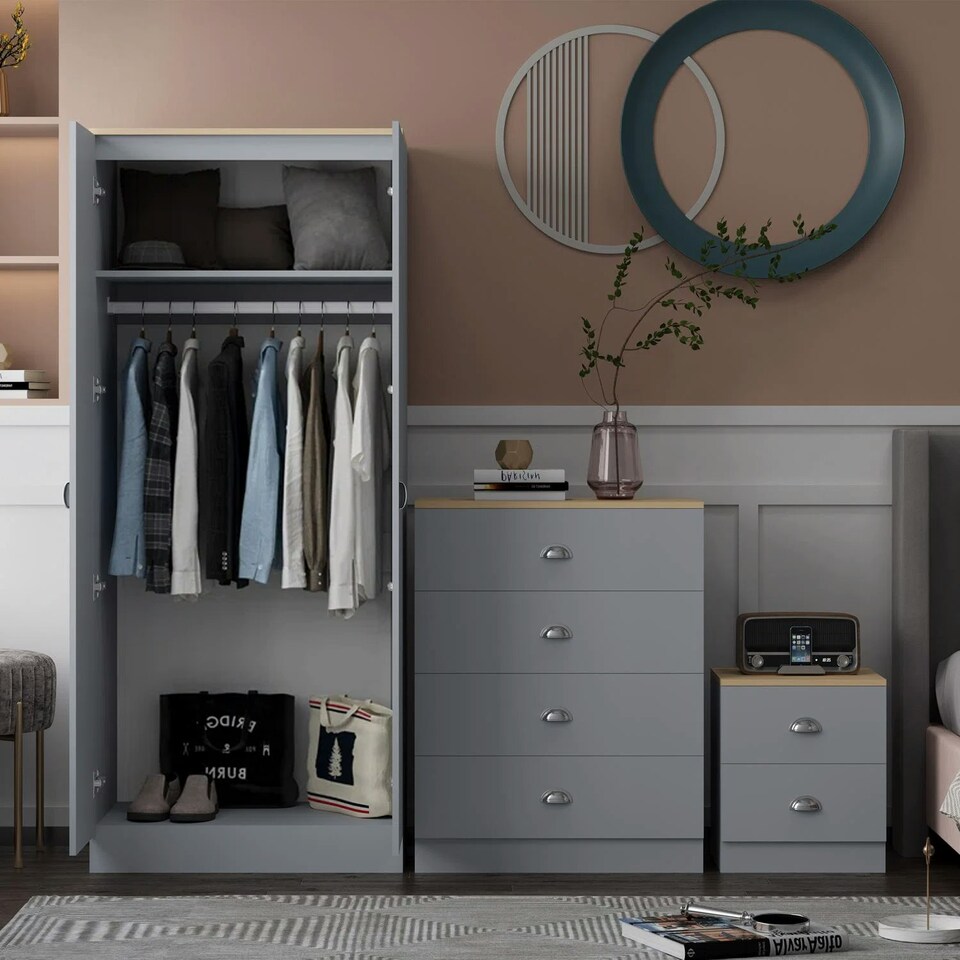 image 1 of FWStyle Esher 3 Piece Bedroom Furniture Set Matt Grey Oak Top