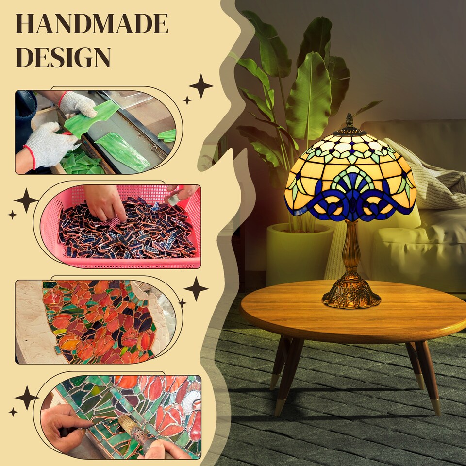 image 1 of HOMCOM Stained Glass Table Lamp, Handmade Antique Bedside Lamp for Bedroom, Living room, Home, Nightstand, Decorative Night Light, Blue