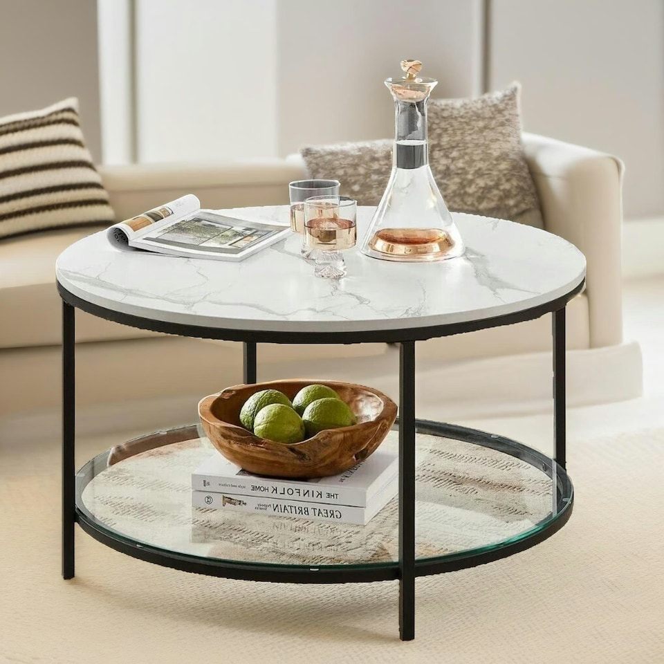 image 1 of 2 Tier Round Faux Marble Coffee Table White