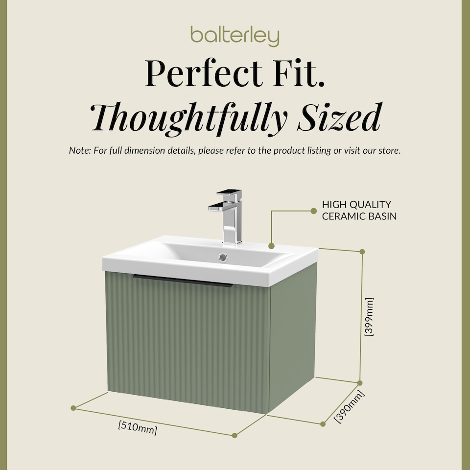 image 1 of Balterley Fluted Front Wall Hung Single Drawer Bathroom Vanity Unit with 1 Tap Hole Ceramic Basin, Handles | Green | Satin Green