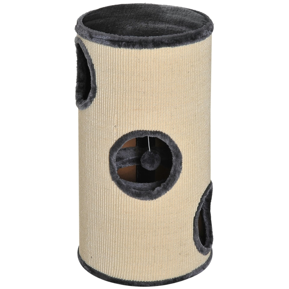 image 1 of PawHut Cat Scratching Barrel Sisal Activity Center Condo, 70cm, Beige Grey