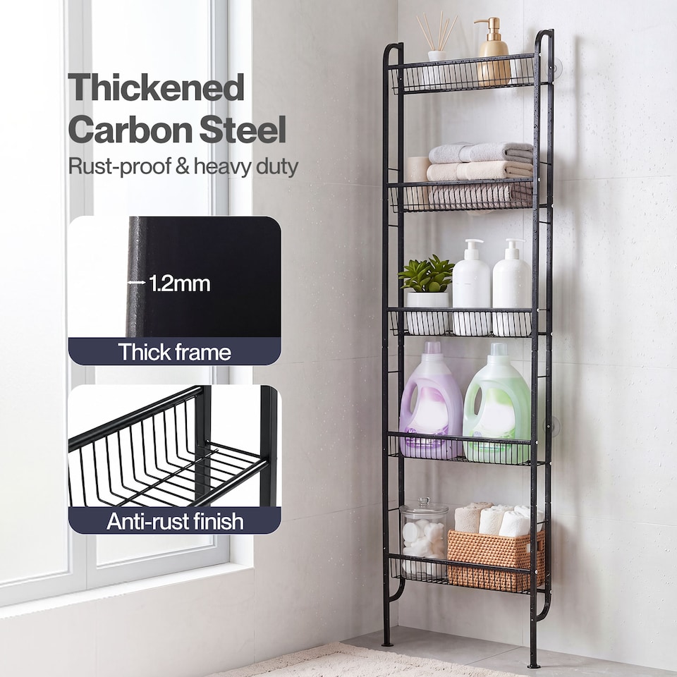 image 1 of Levede Behind Door Storage Organiser Narrow 5-Tier Bathroom Shelves,Steel,Black