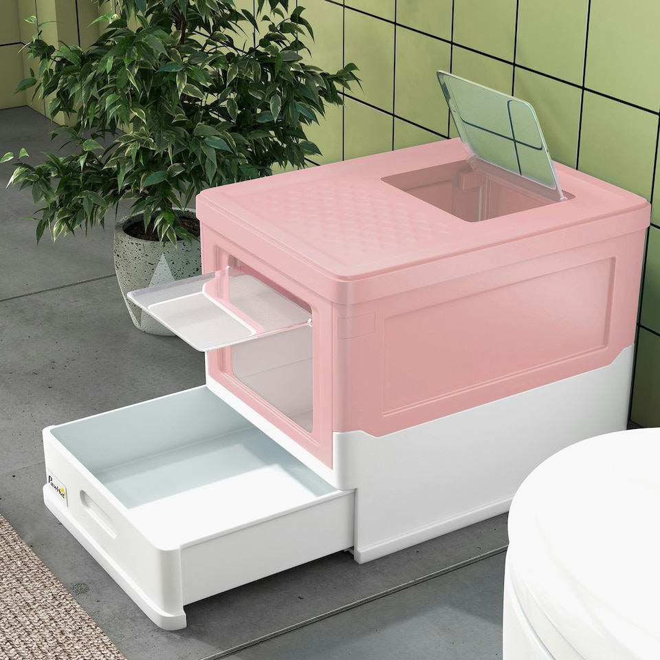 image 1 of PawHut Hooded Cat Litter Box, Pet Toilet w/ Scoop, Tray - Pink Pink