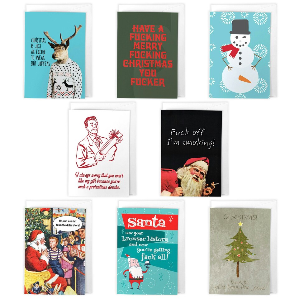 image 1 of Funny Rude Christmas Cards Set of 8 - A6 Size - Adult Humour Cheeky Xmas Designs