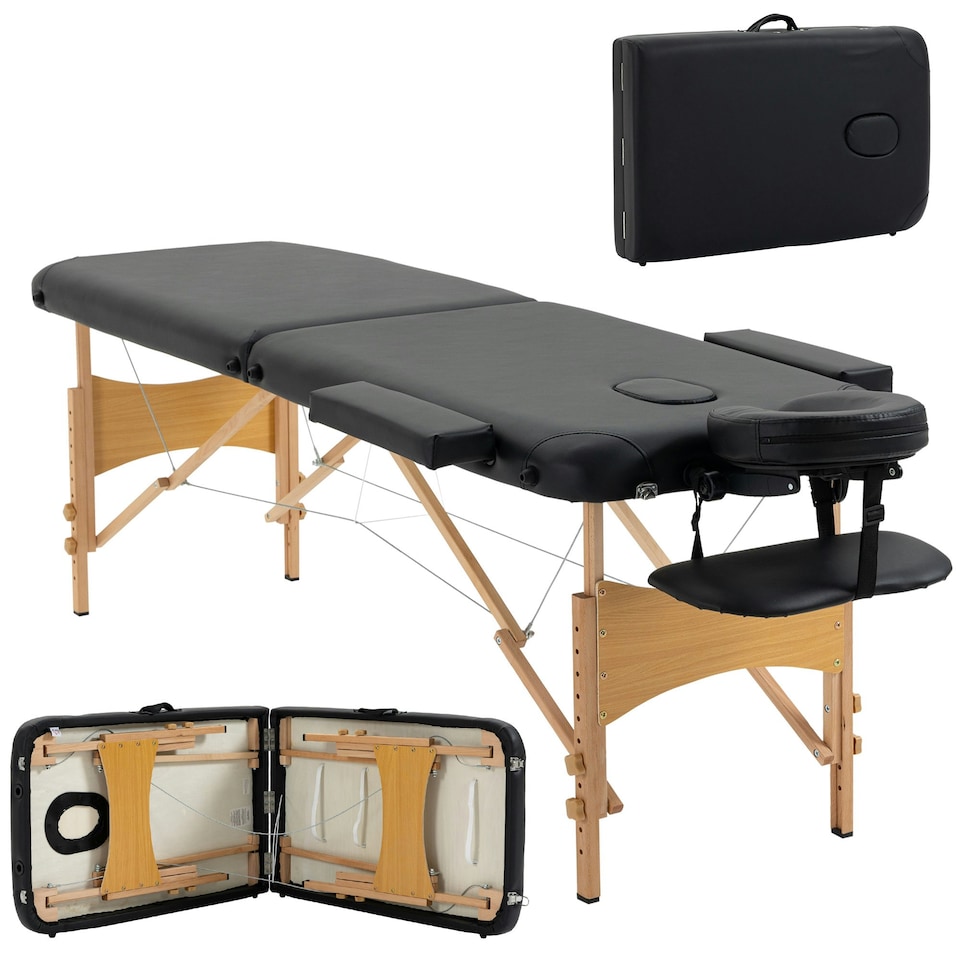 image 1 of HOMCOM Wooden Folding Spa Beauty Massage Table w/ 2 Sections, Carry Bag, Black
