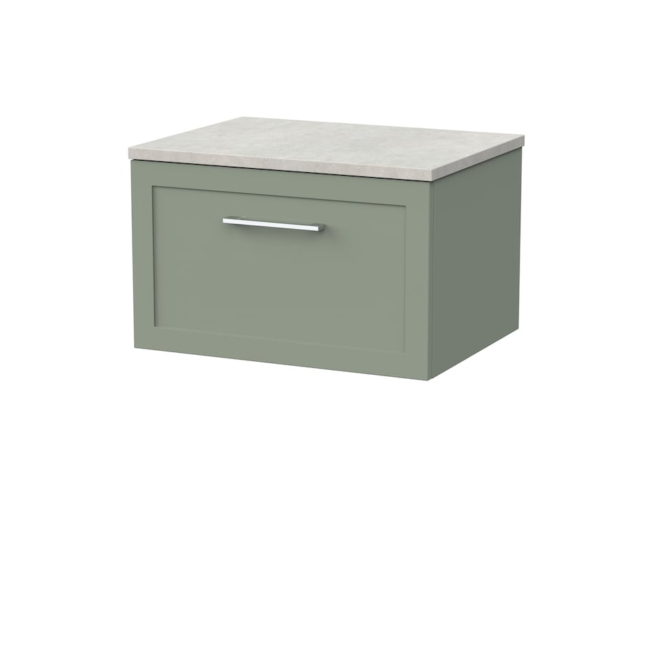 image 1 of Balterley Stonnall Traditional Wall Hung 1 Drawer Vanity Unit with White Sparkle Laminate Worktop, 600mm, Reed Green
