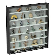 HOMCOM 7-Tier Wall Display Cabinet w/ Shelves Glass Doors, Rustic Brown Black