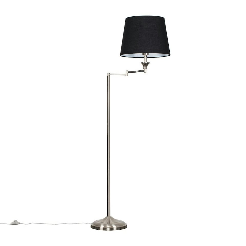 image 1 of ValueLights Sinatra Brushed Silver Floor Lamp with Medium Black Tapered Shade