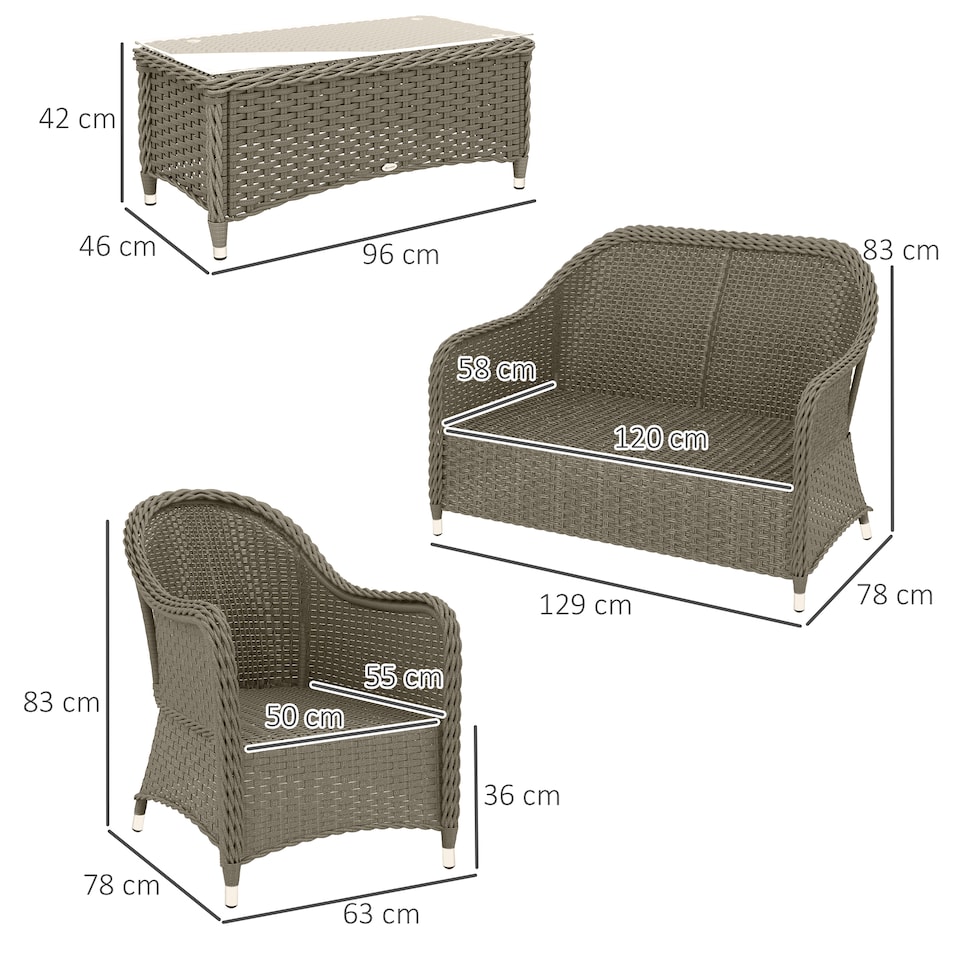 image 1 of Outsunny 4 Pieces Outdoor PE Rattan Garden Furniture with Cushions, Patio Special Hand Weave Wicker Conservatory Sofa Set with Glass Top Coffee Table, Light Grey | Grey | Four Seater