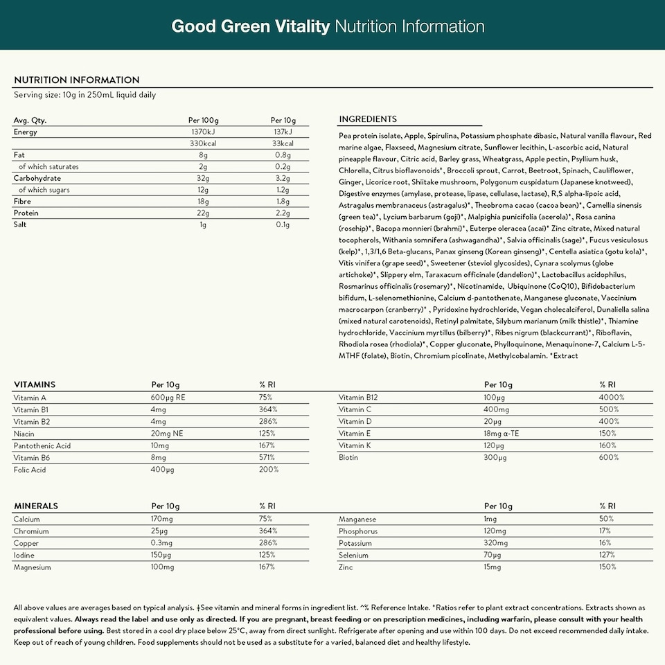 image 1 of Good Green Vitality – Vitamins, Minerals & Superfoods – Vegan Multivitamin Greens Powder - Gluten Free - Dairy Free - 750g - 75 Servings