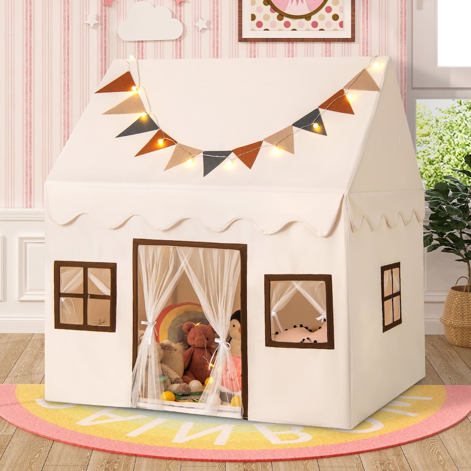 image 1 of COSTWAY Kids Play Tent Toddler Playhouse Tent with Padded Non-slip Mat-Beige