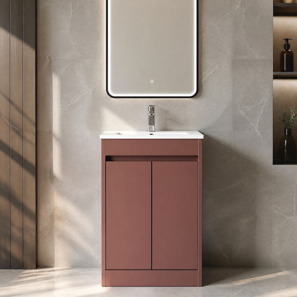 image 1 of Balterley Chartley Contemporary Floor Standing 2 Door Vanity Basin Unit, Minimalist Basin, 500mm, Smoked Red